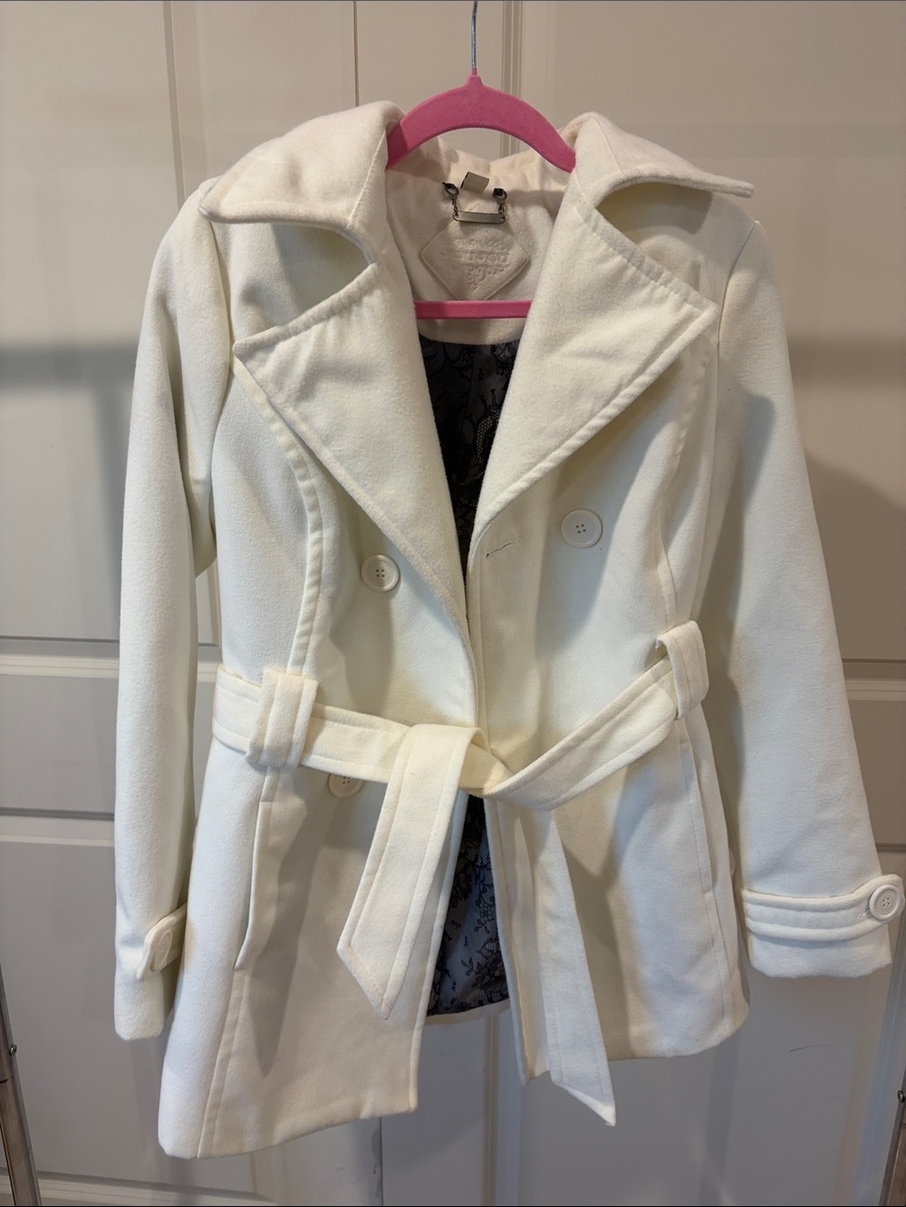 Jou Jou Cream Double-Breasted Belted Peacoat